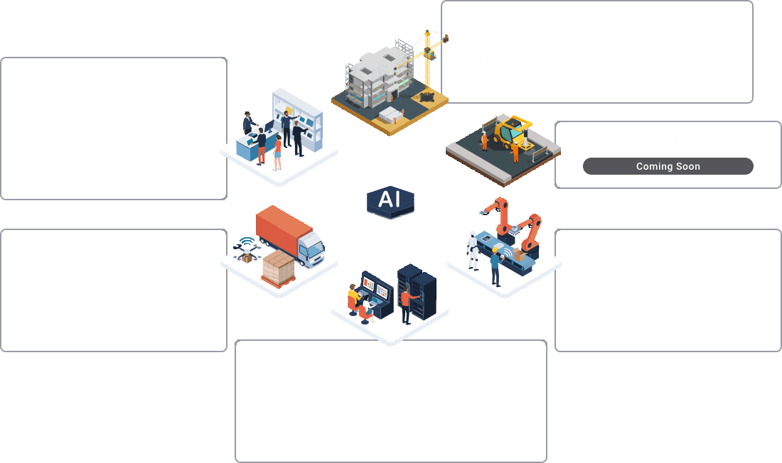 小売・商業施設／物量倉庫／コーポレート／製造／土木／建設のユースケース説明イラスト